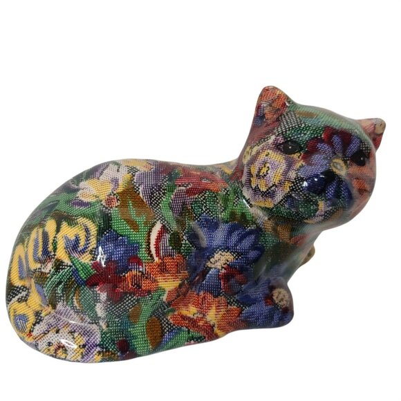 Unbranded Other - Chintz Calico Cat Floral Figurine Fabric Covered Cat Ceramic Maroon Blue Yellow